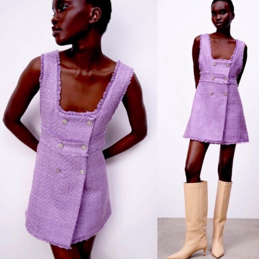 Zara Lavender Full Tweed Square Neckline Dress with Rhinestone buttons